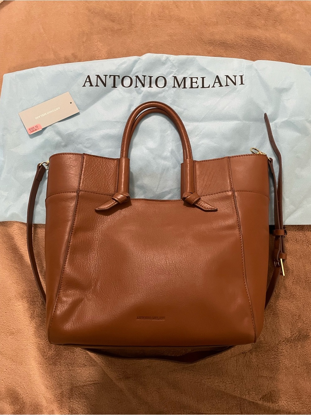 ANTONIO MELANI Chestnut Brown Leather Tote with Top Handles
